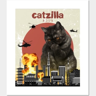 Cat Zilla Funny Black Exotic Shorthair Cat T-shirt for animal lovers Posters and Art